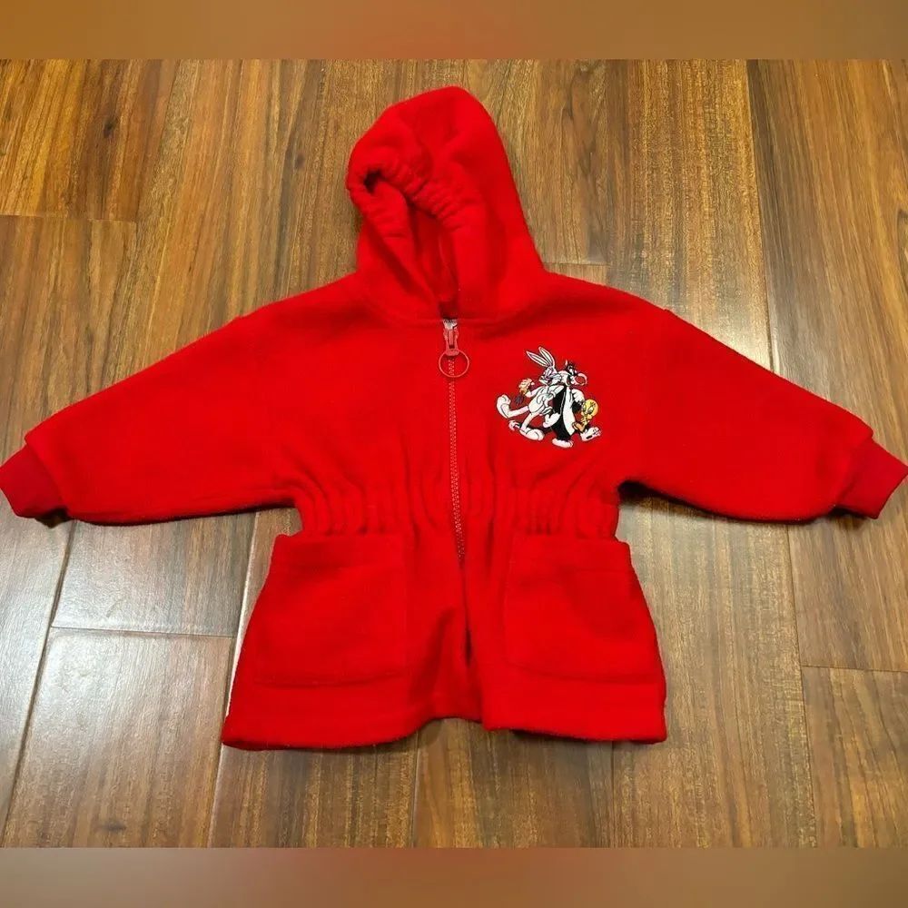 Looney Tunes Vintage 1996 Warner Bros Studio red fleece zip hooded jacket